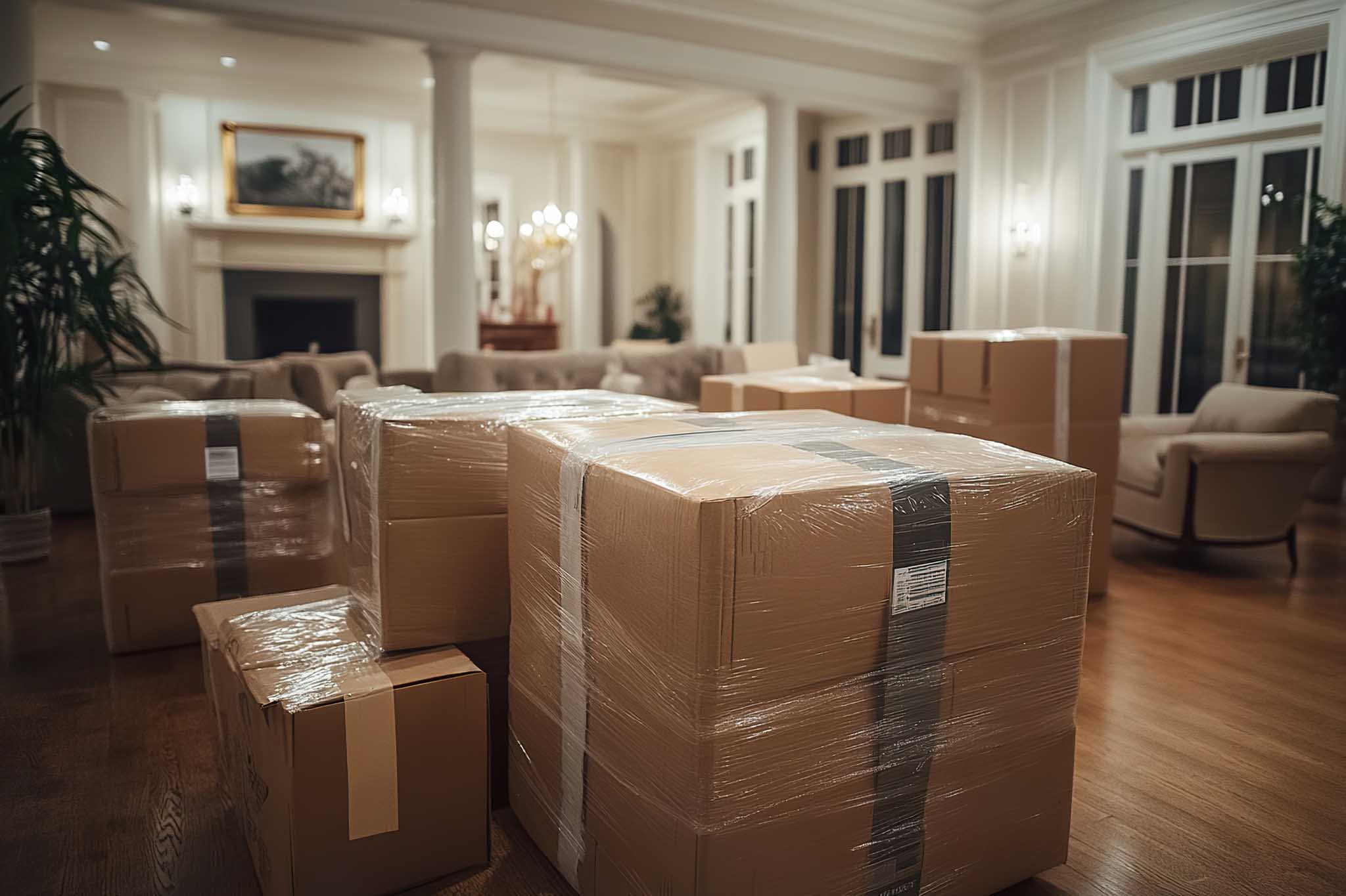 Pakkede flytteesker i stue før transport, levert av flyttebyrå på Romerike med trygg og profesjonell flyttehjelp.